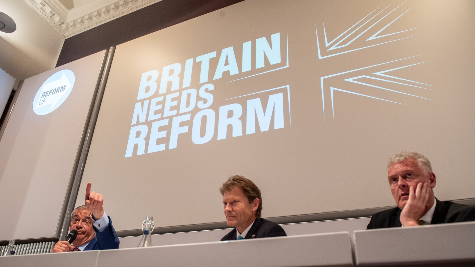 Nigel Farage, Richard Tice and Lee Anderson attend a Reform UK press conference (Photo by Guy Smallman/Getty Images)