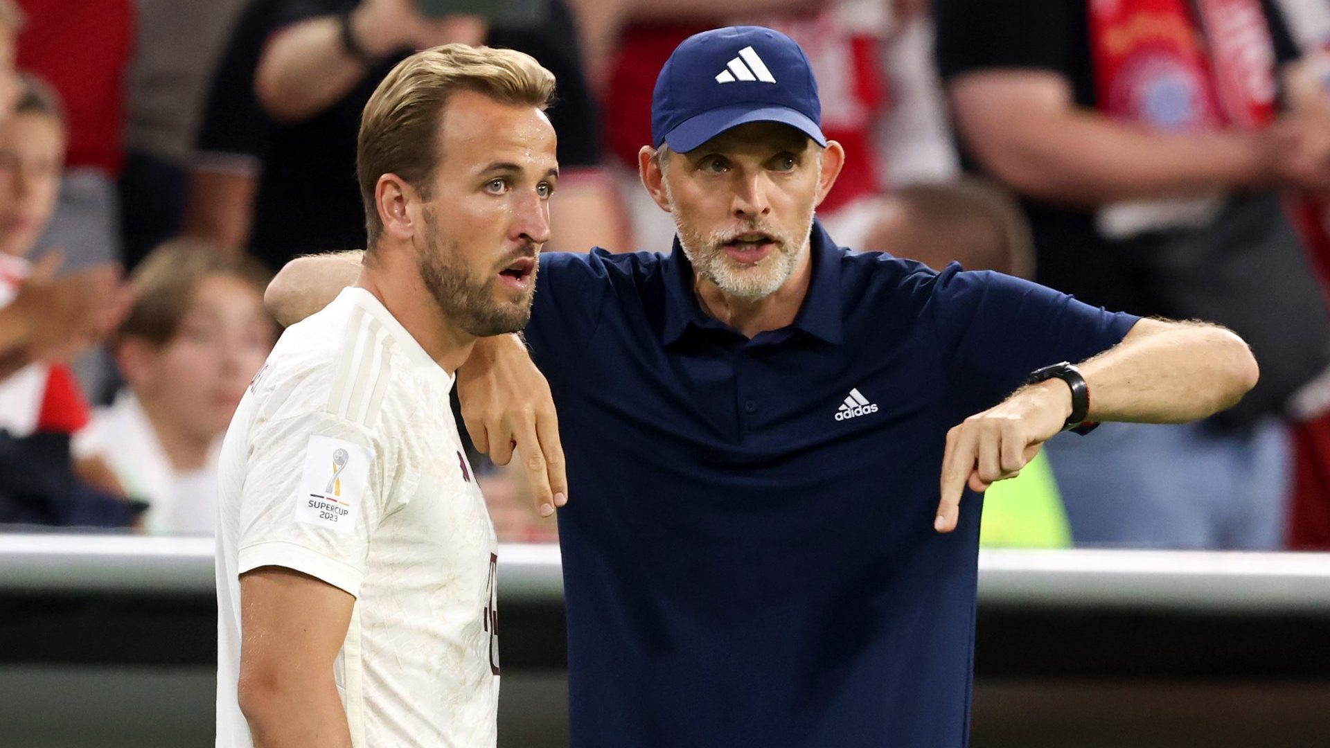 Thomas Tuchel and Harry Kane during last year's DFL Supercup (Photo by Stefan Matzke - sampics/Corbis via Getty Images)