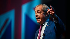 Nigel Farage, gives his speech at Exeter's Westpoint Arena during Reform's South West conference. Photo: Finnbarr Webster/Getty Images