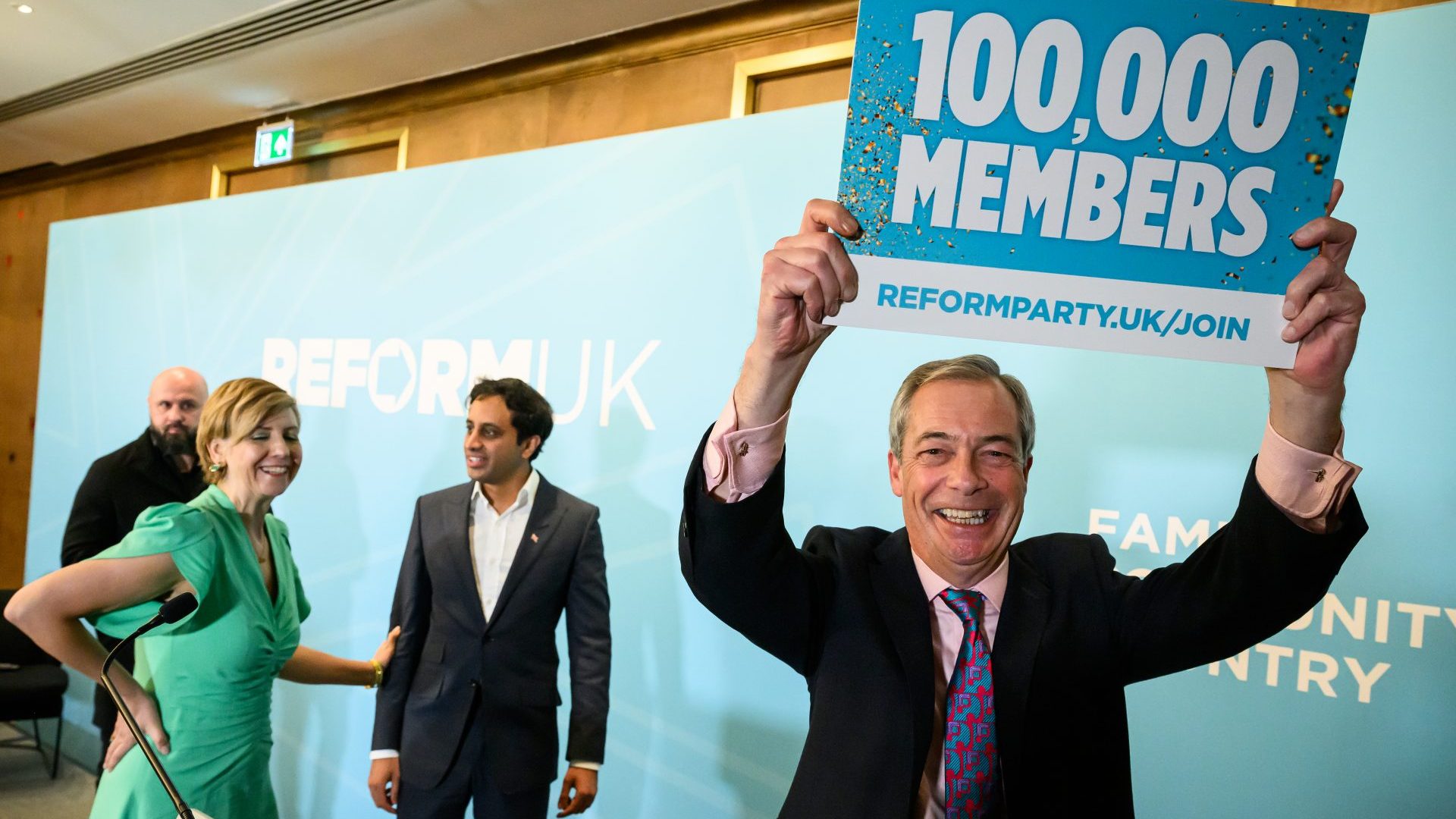Nigel Farage Reform chairman UK Zia Yusuf and new Reform member Andrea Jenkyns (Photo by Leon Neal/Getty Images)