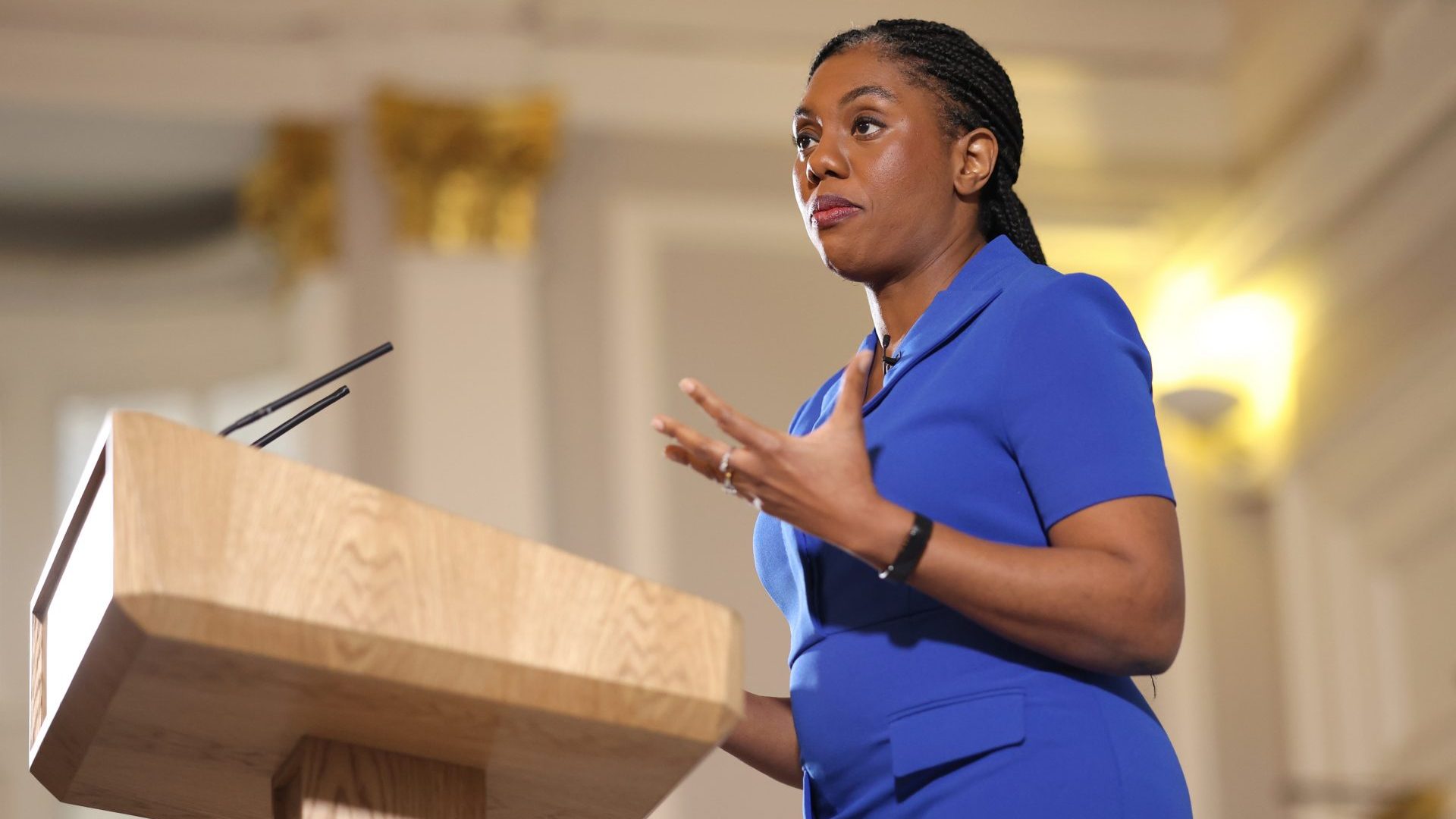 Kemi Badenoch delivers a speech on how the Conservative party can rebuild voters' trust. Photo: Dan Kitwood/Getty Images