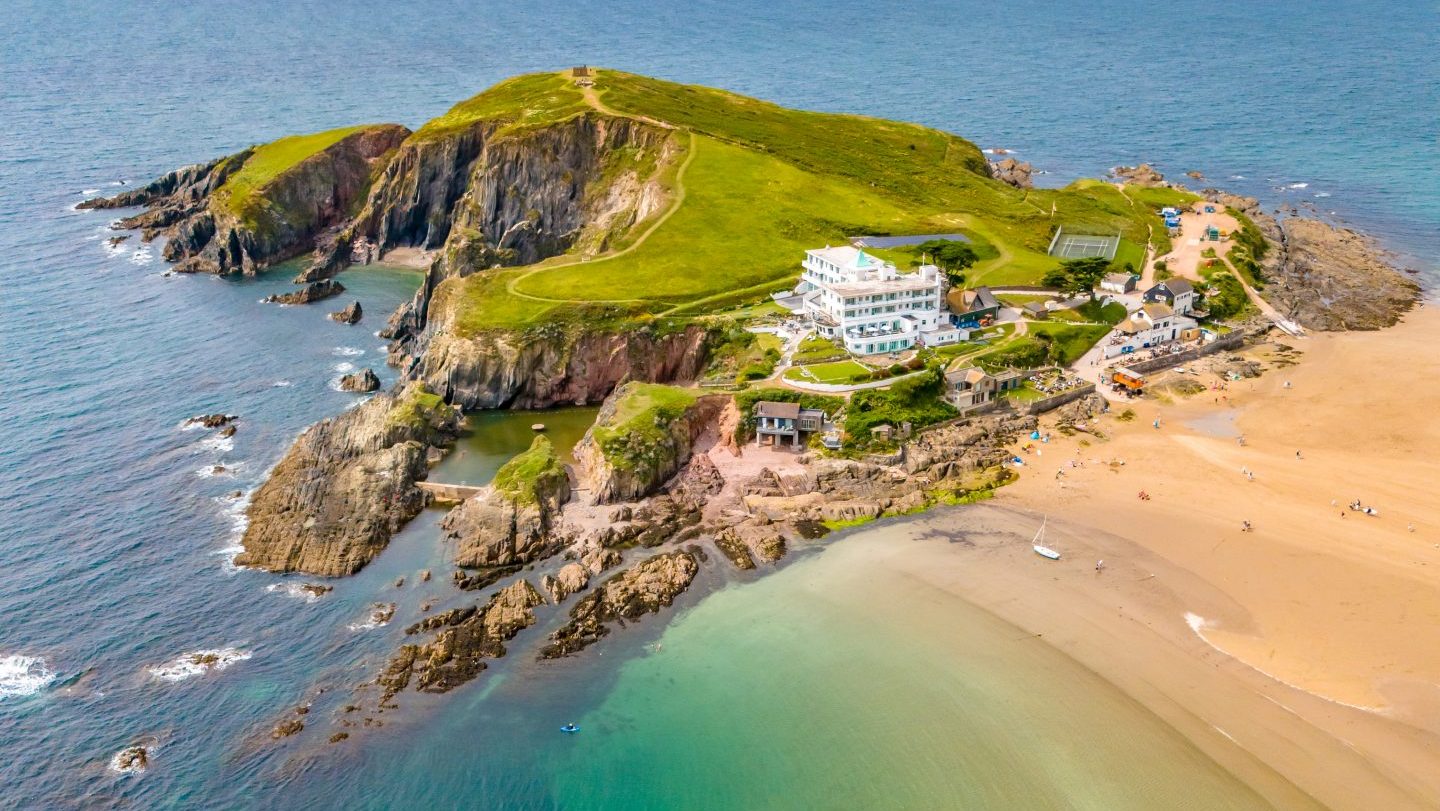 An aerial view of Burgh Island in Devon, the setting for two Agatha Christie classics. Photo: Getty