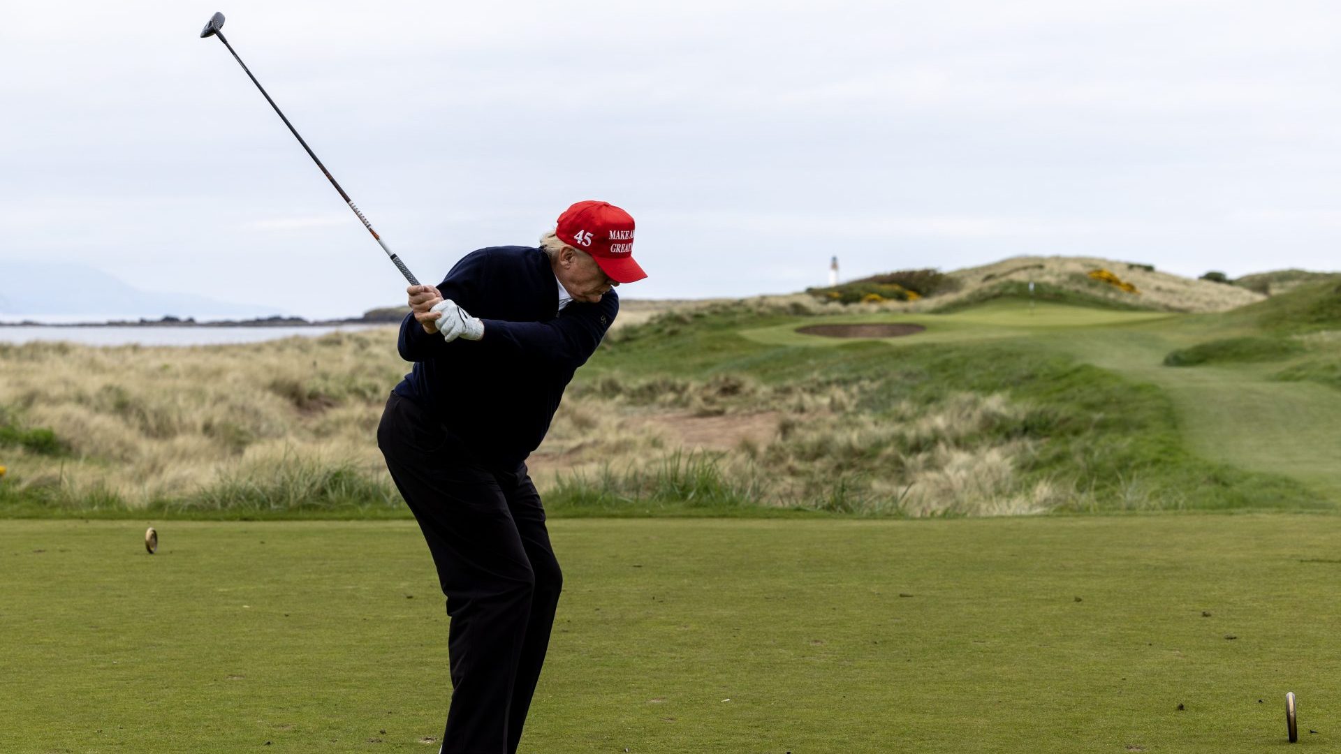 Donald Trump during a round of golf at his Turnberry course in 2023. Photo: Robert Perry/Getty Images