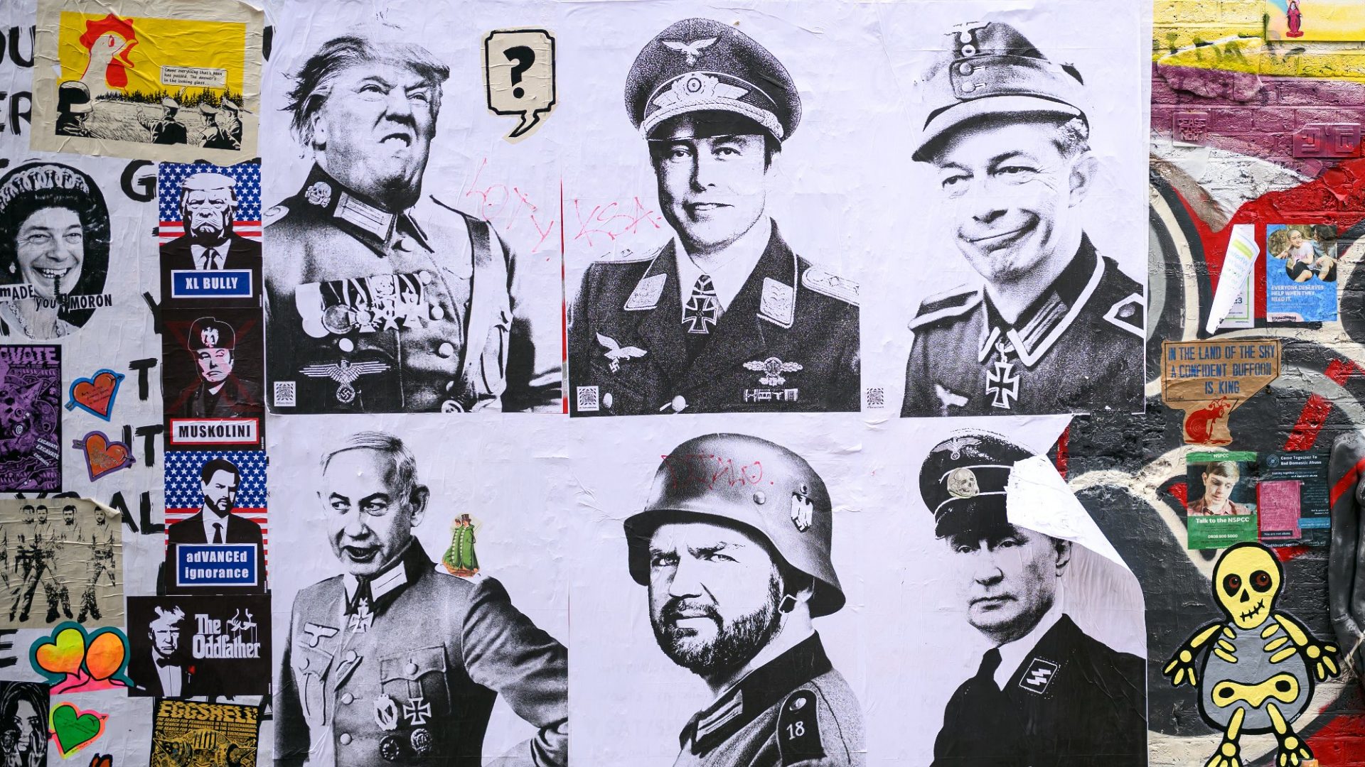 ‘A veritable rogues’ gallery of dangerous right wing dingbats’: Trump, Musk, Farage, Netanyahu, Vance and Putin all appeared on the streets of London in Nazi uniforms and regalia in a poster from the series ‘The Turd Reich’. Photo: Leon Neal/Getty