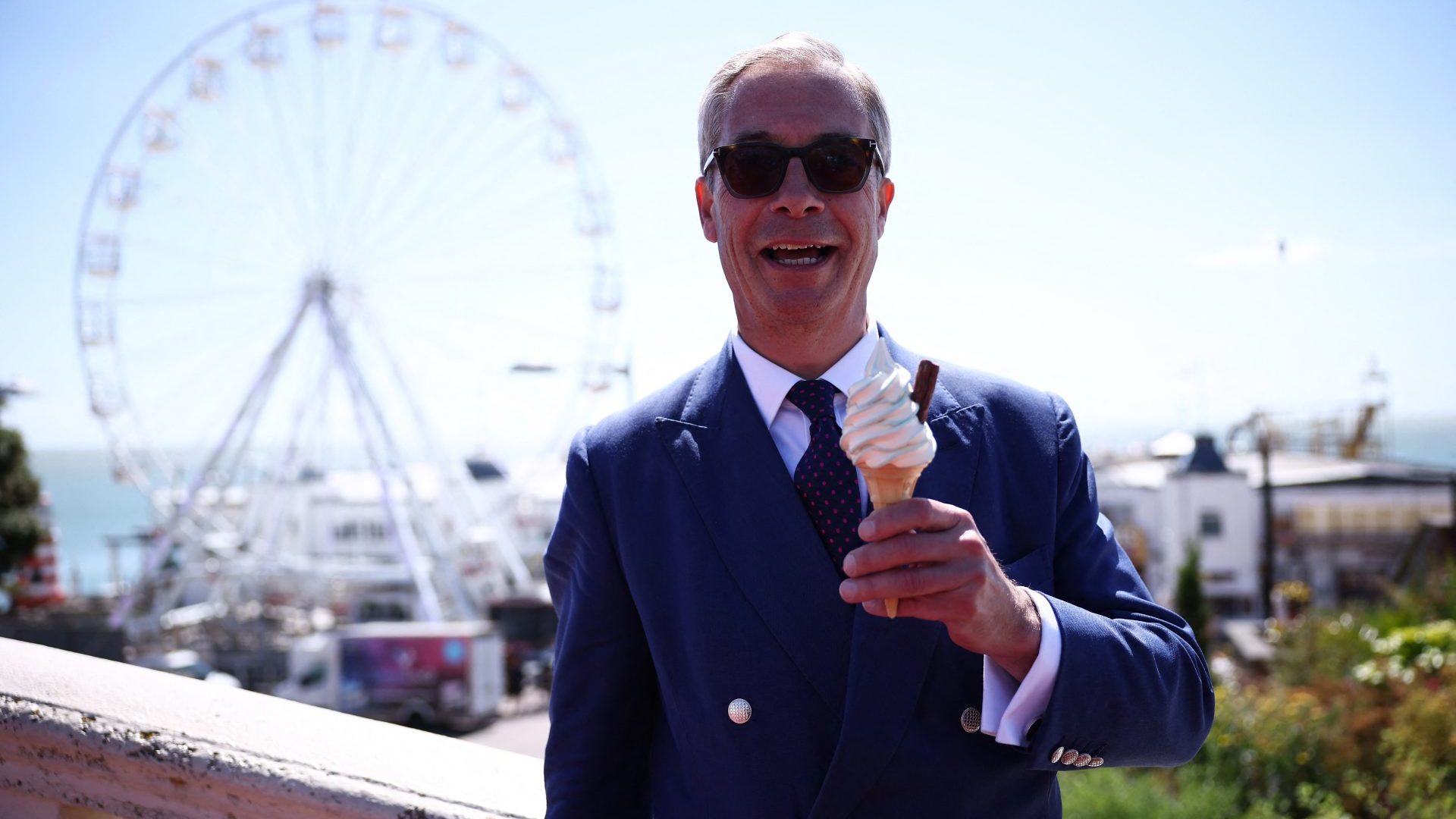 Nigel Farage eats a 99 Flake ice cream in Clacton-on-Sea last summer. Photo: HENRY NICHOLLS/AFP via Getty Images