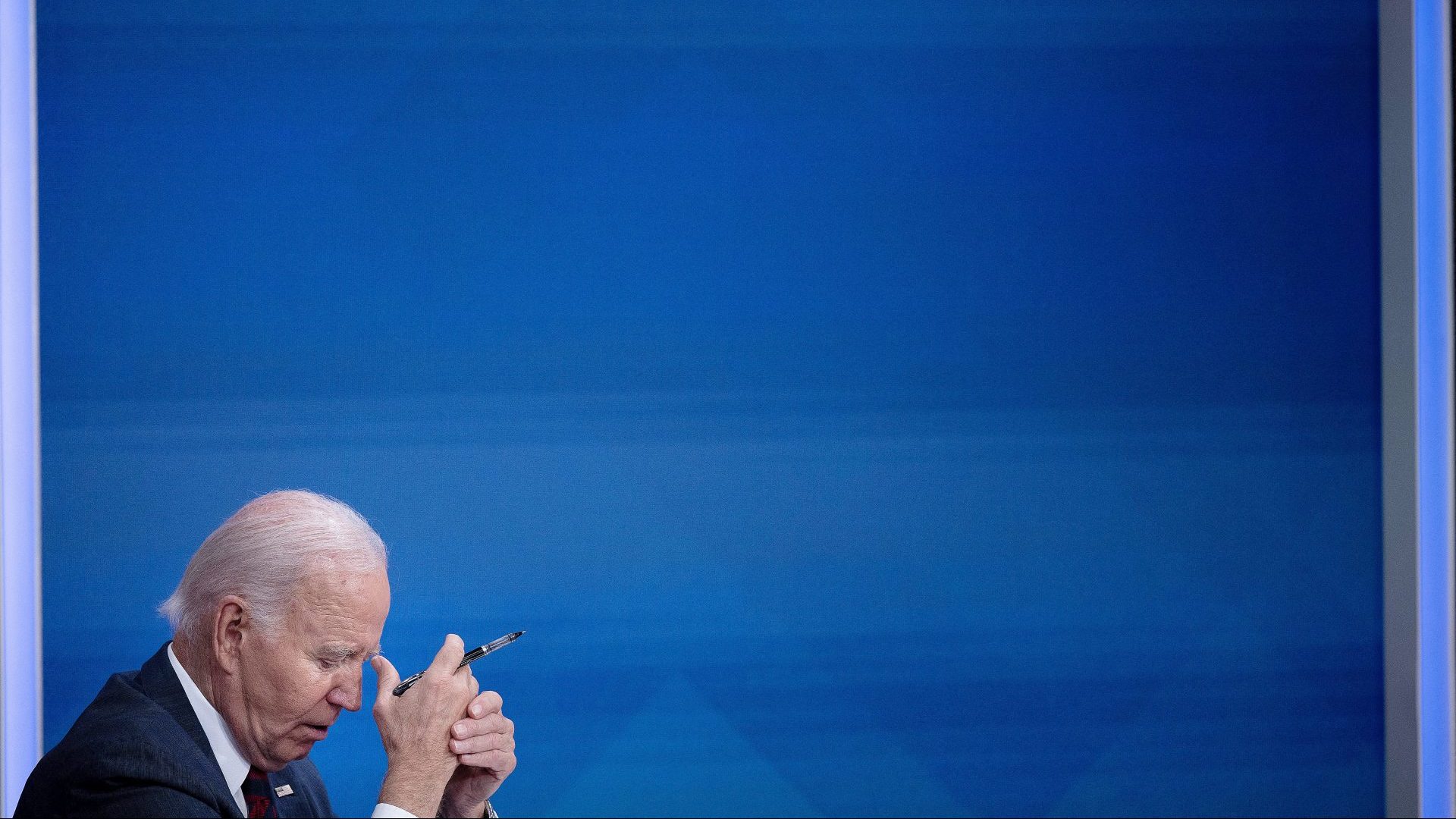 Joe Biden listens during a briefing about Hurricane Milton in the Eisenhower Executive Office Building October 9, 2024. Photo: BRENDAN SMIALOWSKI/AFP via Getty Images