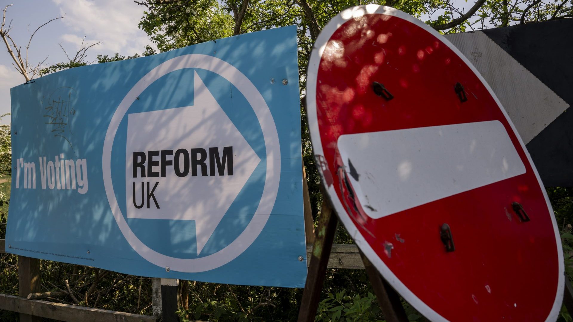 A Reform UK sign is displayed beside a road in Dunham-on-the-Hill, England. Photo: Anthony Devlin/Getty Images