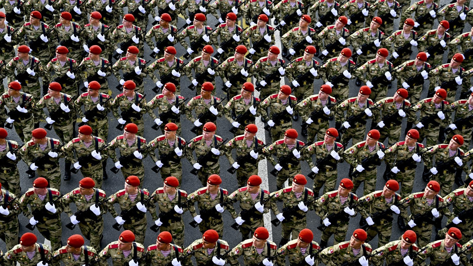 Troops march towards Red Square to attend the general rehearsal of the Victory Day military parade marking the 80th anniversary of the victory over Nazi Germany. Photo:  Sefa Karacan/Anadolu via Getty Images