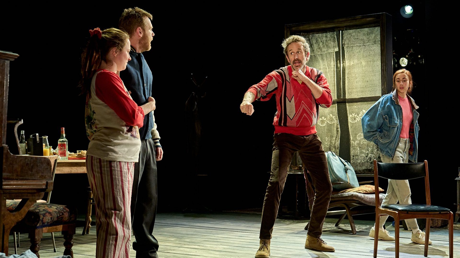 Rosie Sheehy (Billie), Brian Gleeson (Stephen), Chris O'Dowd (Dermot) and Aisling Kearns (Freya) in The Brightening Air at The Old Vic. Photo: Manuel Harlan