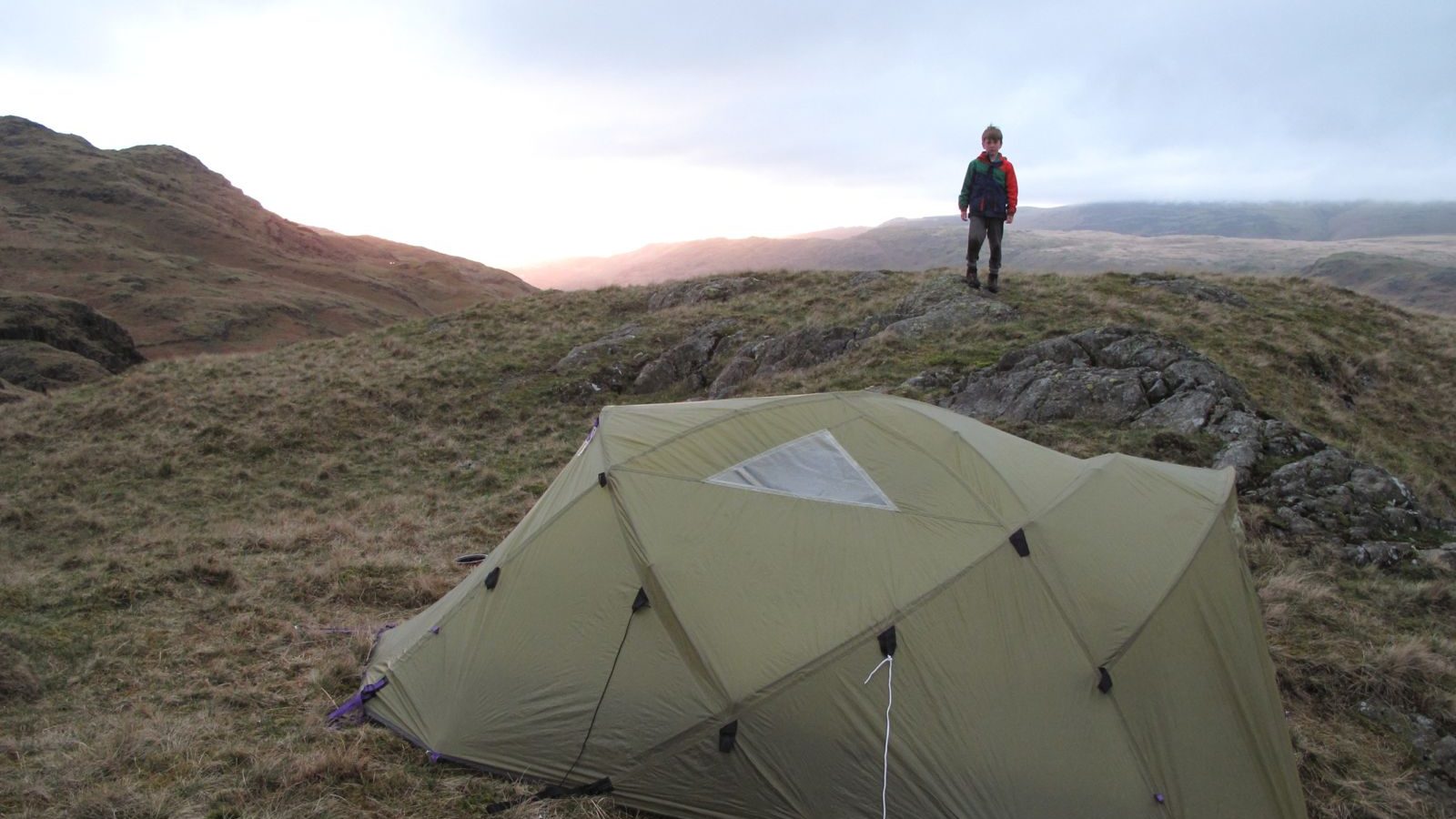 The author’s trusty Trango tent pitched high above Eskdale in the Lake District, with his son Theo