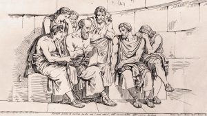 Circa 410 BC, The Greek philosopher Socrates (469 - 399 BC) teaches his doctrines to the young Athenians whilst awaiting his execution. Original Artwork: An engraving after a painting by Pinelli. Photo: Hulton Archive/Getty Images