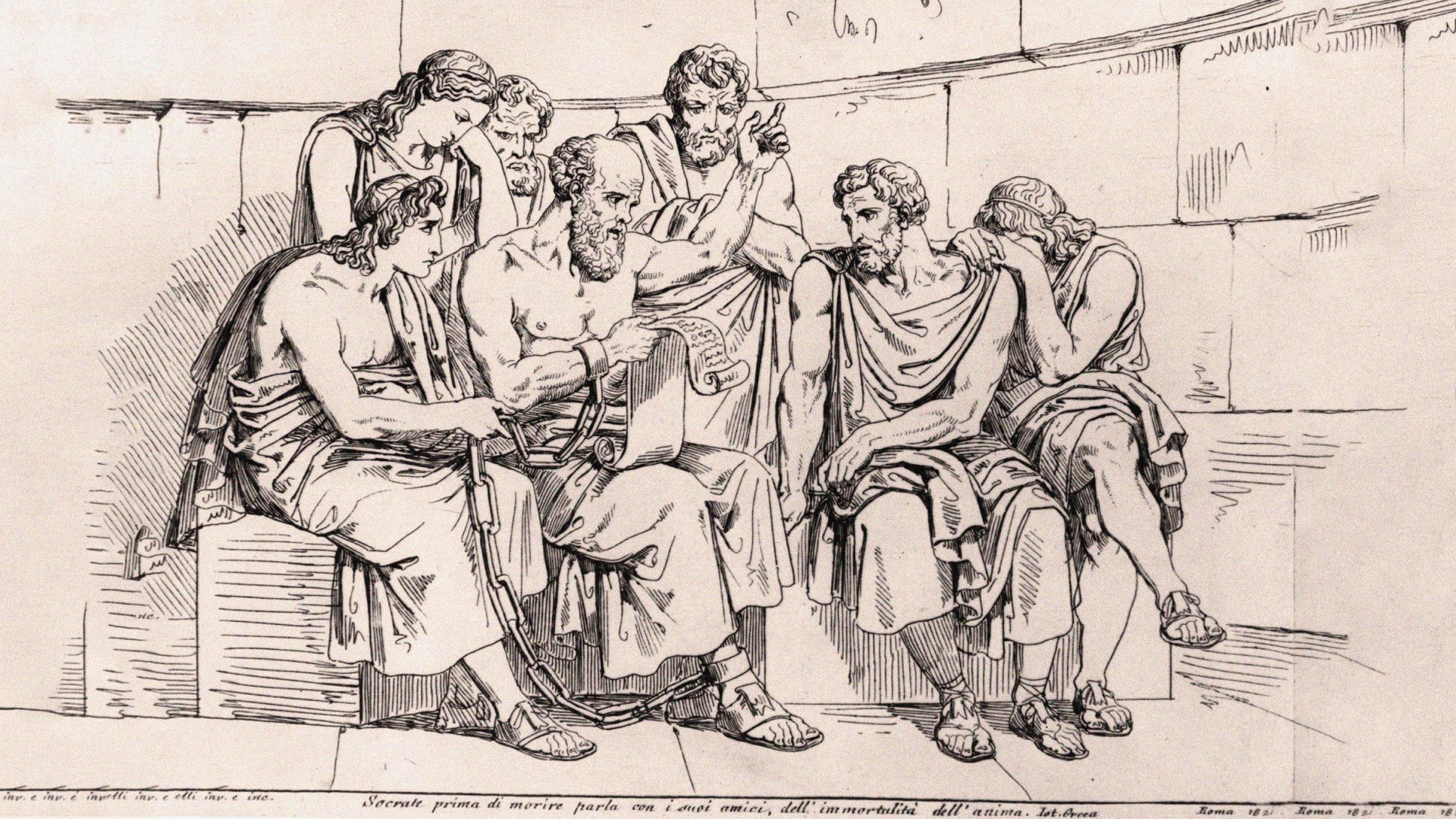 Circa 410 BC, The Greek philosopher Socrates (469 - 399 BC) teaches his doctrines to the young Athenians whilst awaiting his execution. Original Artwork: An engraving after a painting by Pinelli. Photo: Hulton Archive/Getty Images