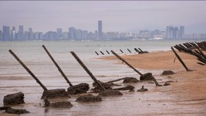 Wartime anti-tank obstacles on a beach in Kinmen, Taiwan, just a few miles from the Chinese coast. IMAGE: Alex Wong/Getty