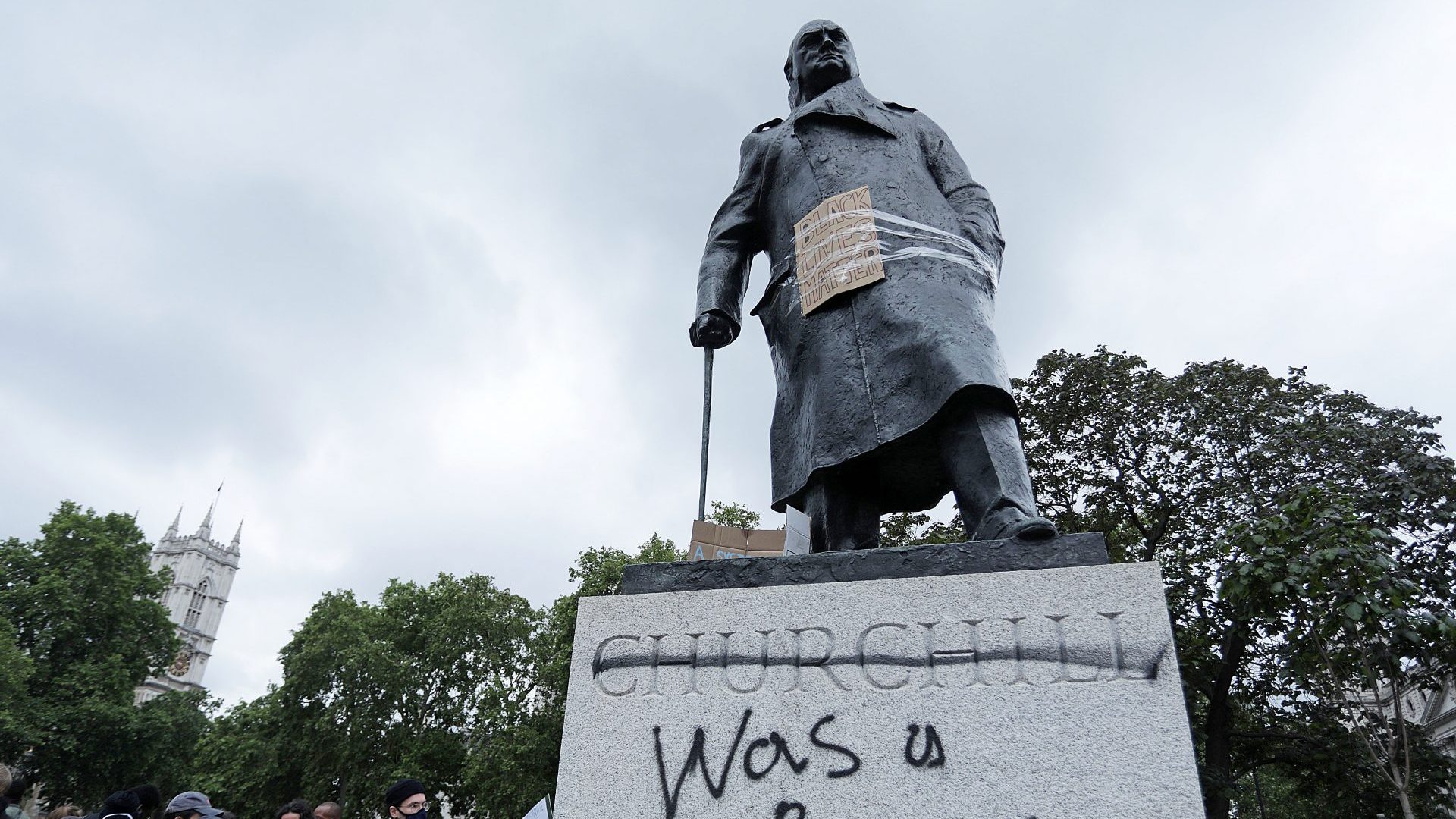 The defaced statue of Winston Churchill in Parliament Square after a protest to show solidarity with the Black Lives Matter movement in June 2020. Photo: ISABEL INFANTES/AFP/Getty
