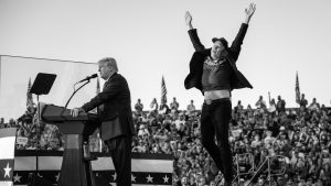 Elon Musk leaps on stage with then Republican presidential nominee, former President Donald Trump during a campaign rally. Photo: Anna Moneymaker/Getty Images
