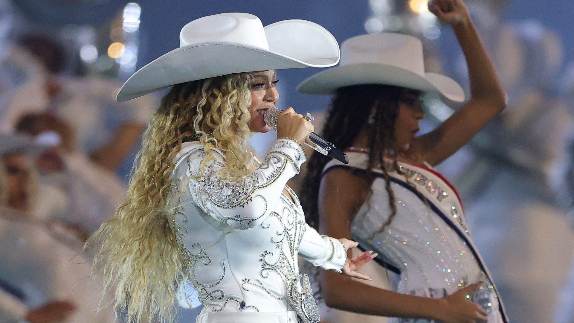 Beyoncé performs with her daughter, Blue Ivy, at NRG Stadium on December 25, 2024 in Houston, Texas. IMAGE: ALEX SLITZ/GETTY
