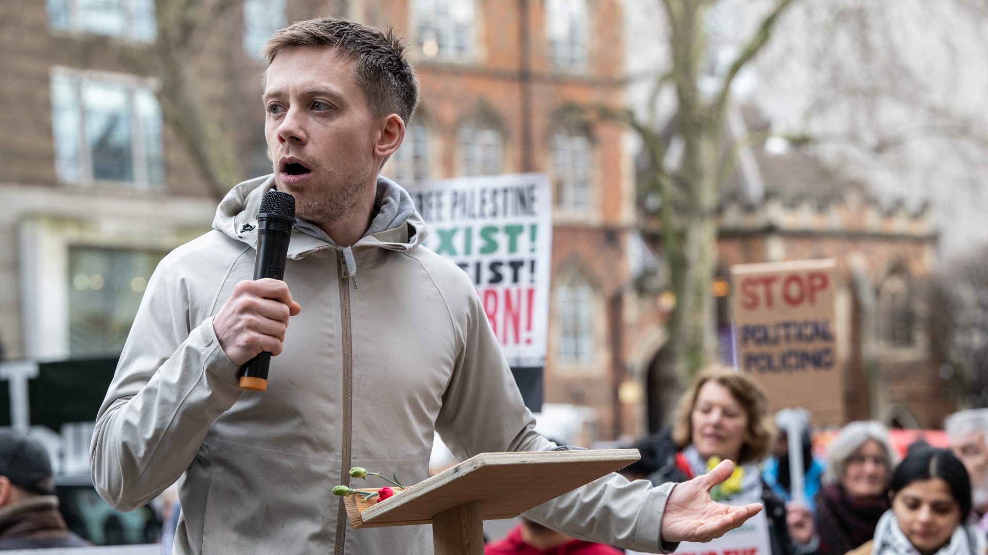 Owen Jones speaks in support of Ben Jamal outside Westminster Magistrates' Court on February 21, 2025. Photo: Guy Smallman/Getty Images