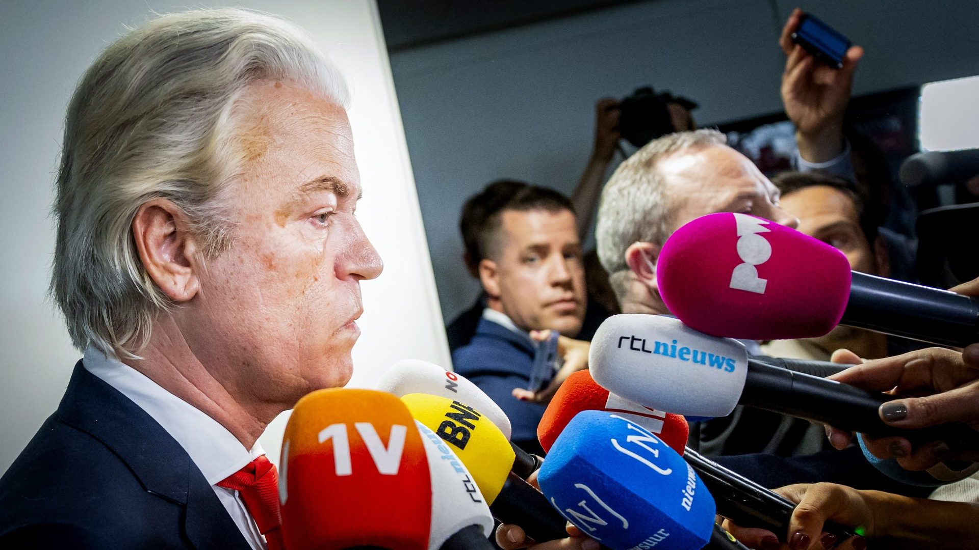 Geert Wilders addresses the media after attending the weekly coalition talks. Photo: ROBIN VAN LONKHUIJSEN/ANP/AFP via Getty Images