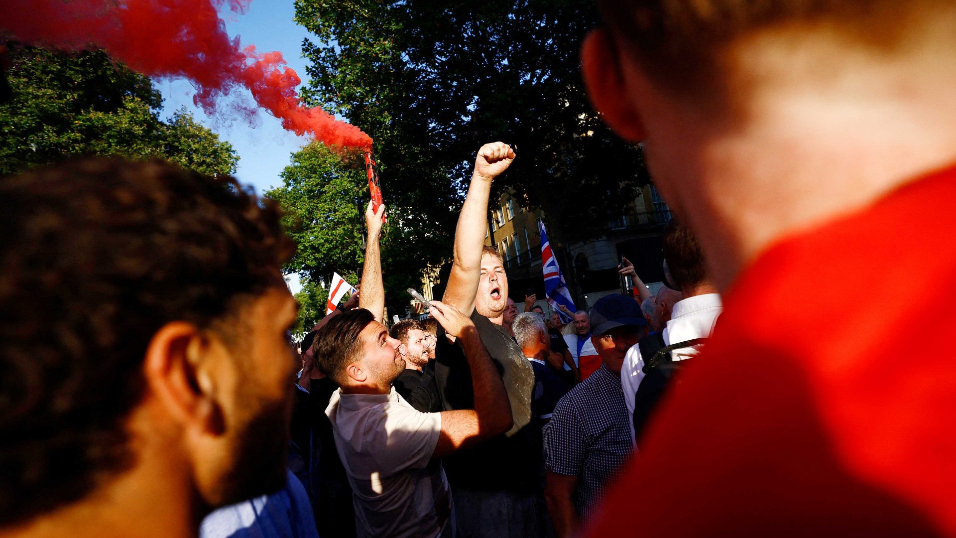 Protesters gather in London last summer in reaction to the fatal stabbing of three young girls in Southport. Image: Benjamin Cremel/AFP/Getty