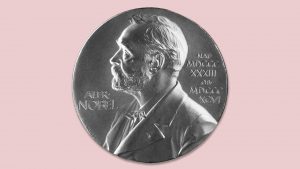 The front side (obverse) of a Nobel prize medal