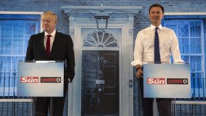 Boris Johnson and Jeremy Hunt take part in a Hustings debate hosted by the Sun/Talk Radio in 2019. Photo: Louis Wood - WPA Pool/Getty Images