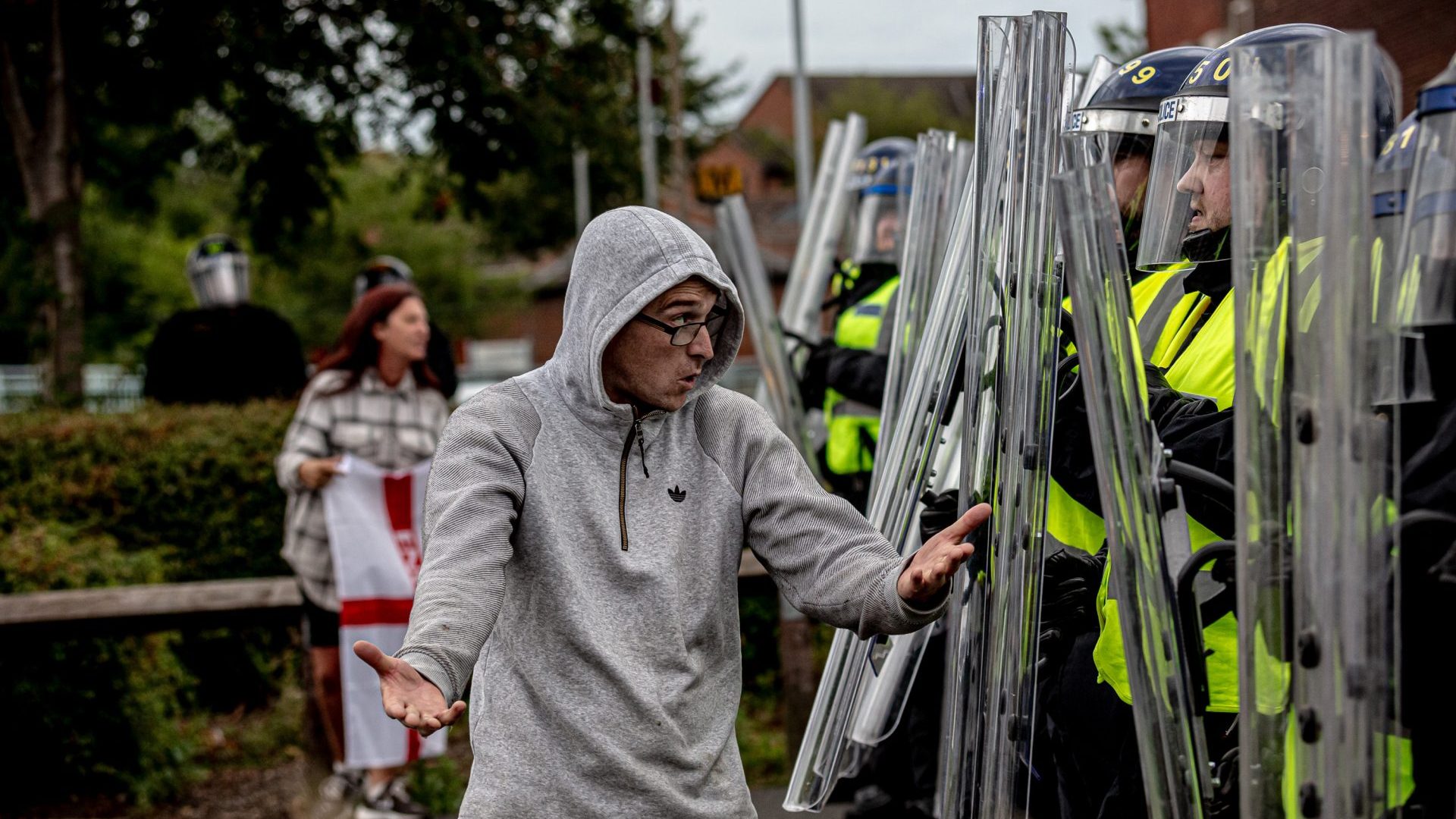 Far right activists hold an 'Enough is Enough' protest in August 2024 in Sunderland after the murders of three girls in Southport. Photo: Simone J Rudolphi/Drik/Getty Images
