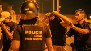 Police arrest protesters during the third night of riots on July 13, 2025 in Torre Pacheco, Murcia, Spain. Photo: Olmo Blanco/Getty Images