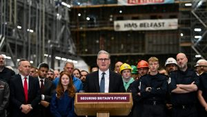 Keir Starmer unveils the government’s defence spending plans in a speech at BAE Systems’ Govan facility in Glasgow. Image: Getty