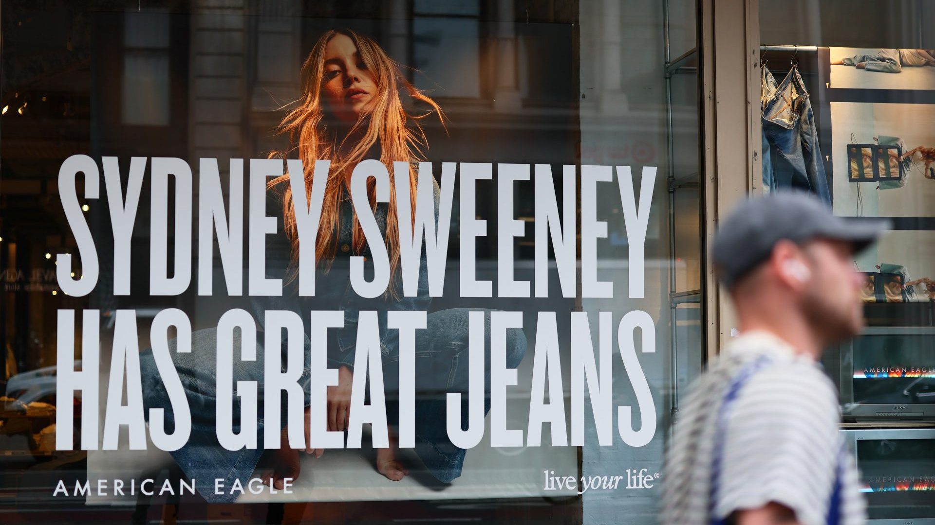 A window display of actress Sydney Sweeney is seen on a window of an American Eagle. Photo: Michael M. Santiago/Getty Images