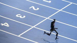 a robot runs in the 1500m final at this month’s World Humanoid Robot Games at the National Speed Skating Oval in Beijing