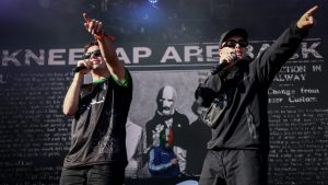 Northern Ireland hip-hop trio Kneecap perform on stage at the Rock en Seine music festival. Photo: GUILLAUME BAPTISTE/AFP via Getty Images
