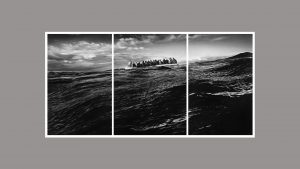 Robert Longo’s triptych Untitled (Raft at Sea), 2016-2017, depicting the uncertain plight of a group of migrants in a small boat. Image: Robert Longo Studio