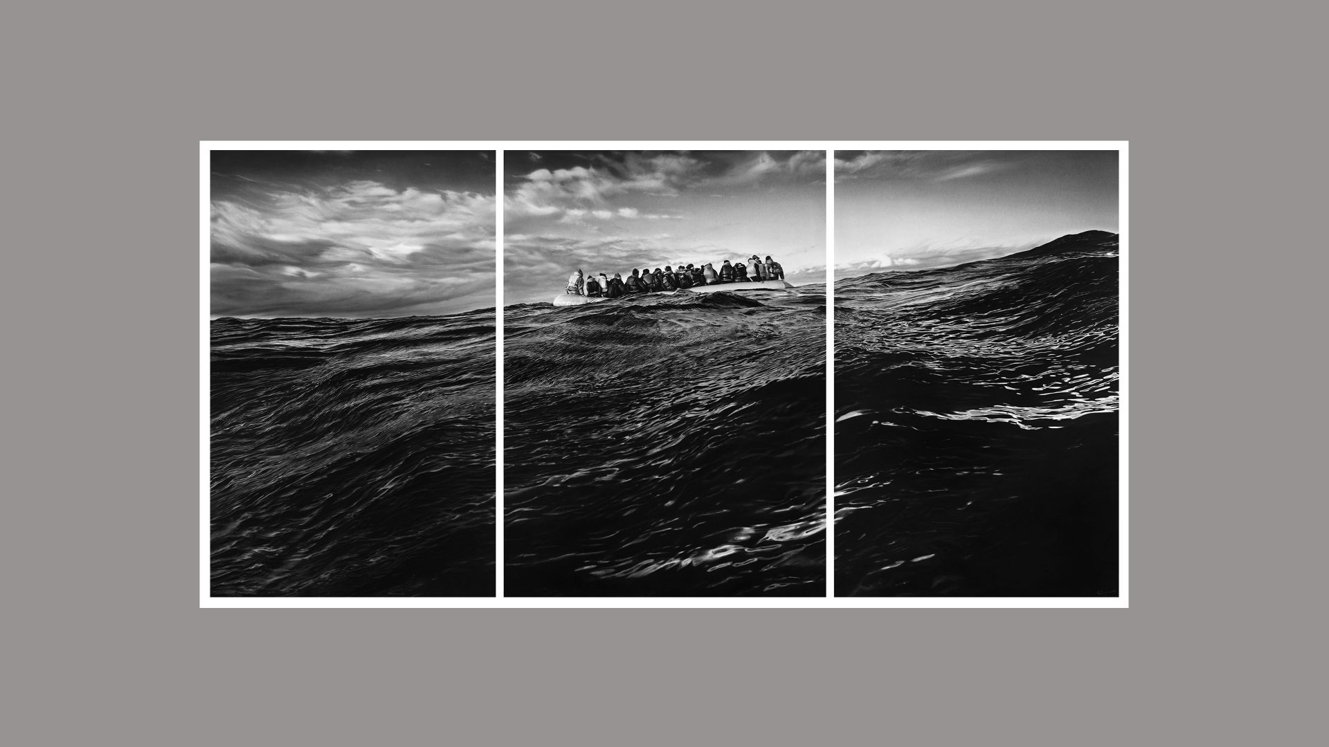 Robert Longo’s triptych Untitled (Raft at Sea), 2016-2017, depicting the uncertain plight of a group of migrants in a small boat. Image: Robert Longo Studio