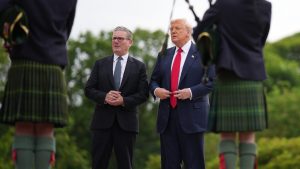 Donald Trump and Keir Starmer meet at Trump International Golf Links 
in Balmedie, Aberdeenshire. Image: Andrew Harnik/Getty