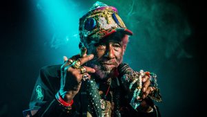 Jamaican reggae musician, singer and producer Lee ‘Scratch’ Perry performs at Poppodium De Flux, Zaandam, Netherlands, April 2018. Image: Paul Bergen/Redferns/Getty
