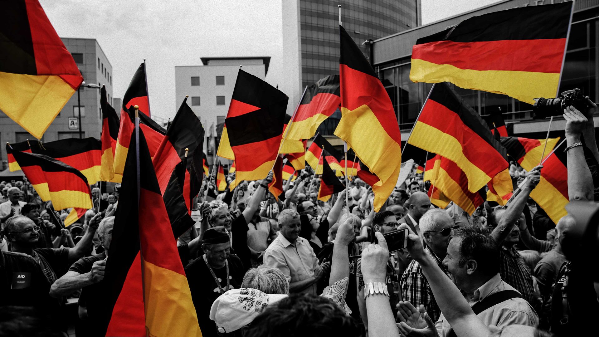 Supporters waviong flags during the inaugural AfD election rally in Brandenburg state elections on July (2019). Photo: Carsten Koall/Getty Images