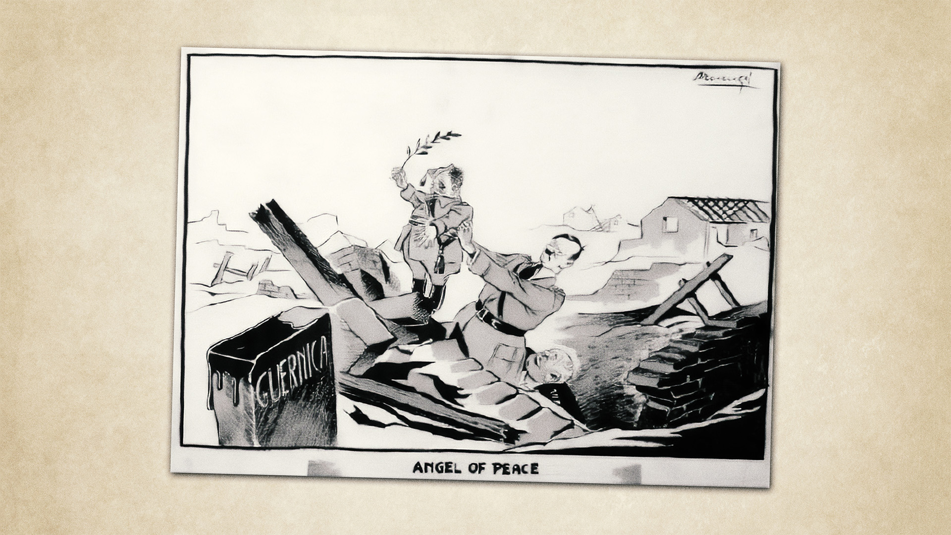 Angel of Peace, one of Catalan artist Mario Armengol’s many striking wartime cartoons on show in 
Barcelona next month. Image: MARIO ARMENGOL/MUSEU NACIONAL D’ART DE CATALUNYA