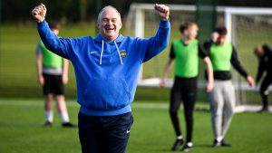 Ed Davey, leader of the Liberal Democrats, celebrates a goal as he plays football with police officers and young people at the Wiltshire FA headquarters in Devizes, January 2025. Image: Finnbarr Webster/Getty