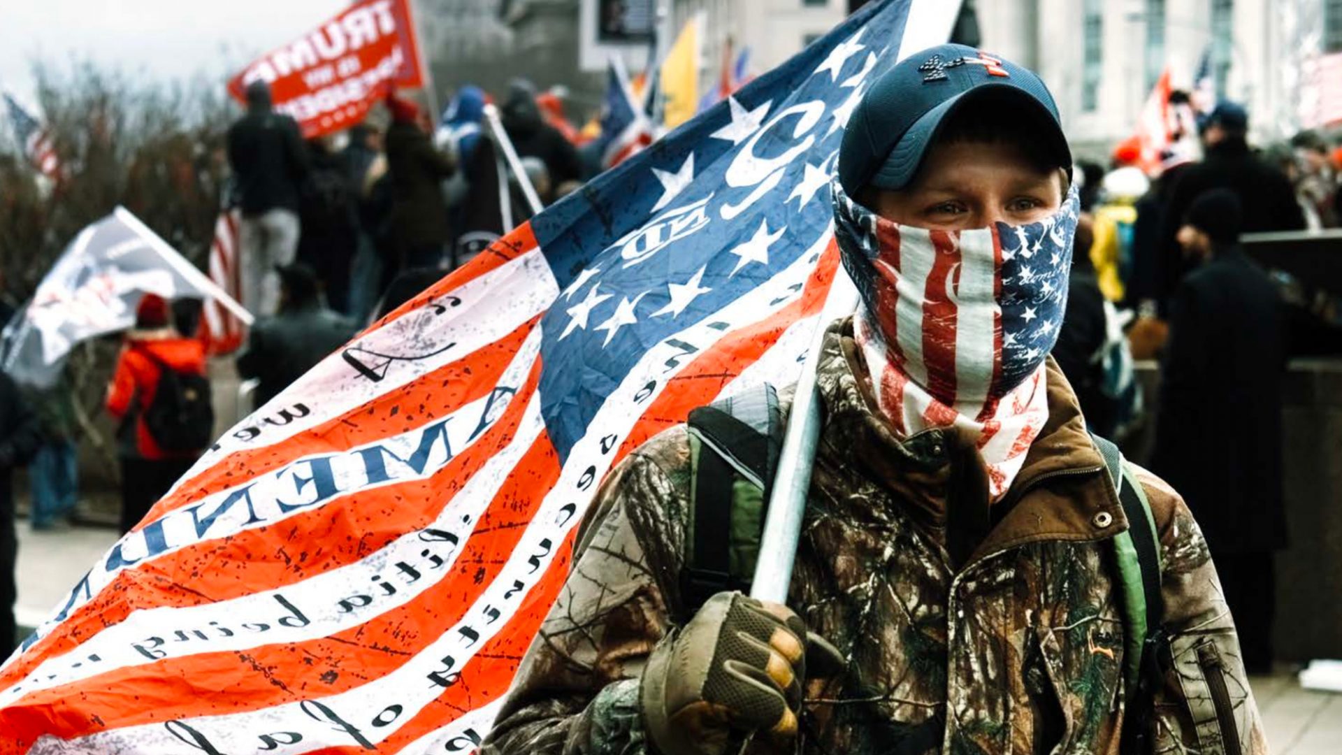 Pro-Trump and far-right demonstrators arrive in Washington DC on the eve of the official certification of the Electoral College ballots on January 5, 2021. Image: Spencer Platt/Getty