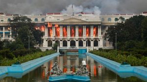 Fire rages through the Singha Durbar, the main administrative building for the Nepal government, in Kathmandu on September 9. Image: Prabin RANABHAT/AFP/Getty