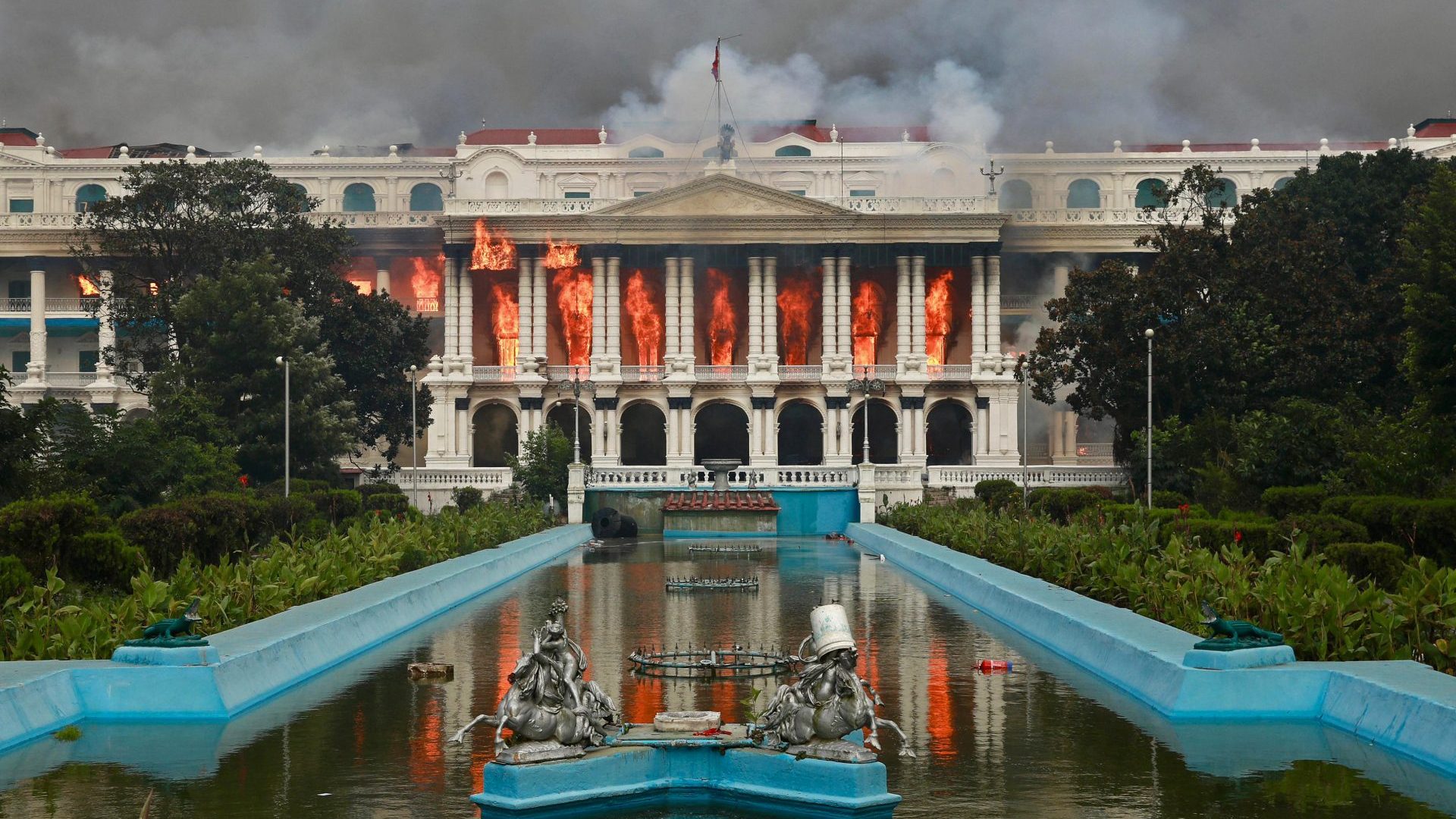 Fire rages through the Singha Durbar, the main administrative building for the Nepal government, in Kathmandu on September 9. Image: Prabin RANABHAT/AFP/Getty