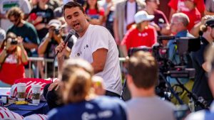 Charlie Kirk, founder of Turning Point USA, was speaking at his "American Comeback Tour" when he was shot in the neck and killed. Photo: Trent Nelson/The Salt Lake Tribune/Getty Images