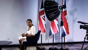 Conservative Party leader Kemi Badenoch speaks to the media after a speech in London on September 9. She is adamant that she would not contemplate a merger with Reform. IMAGE: DAN KITWOOD/GETTY