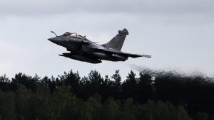 A French Rafale fighter jet takes off during a joint mission with Polish F-16s on September 17, after Poland experienced a drone raid. IMAGE: THIBAUD MORITZ/AFP/GETTY