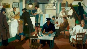 The Fried Fish Shop, 1936, by Cliff Rowe, features Joseph Stalin among the customers as well as the leader of the British Communist Party. Image: Estate of Stuart Davis/VAGA