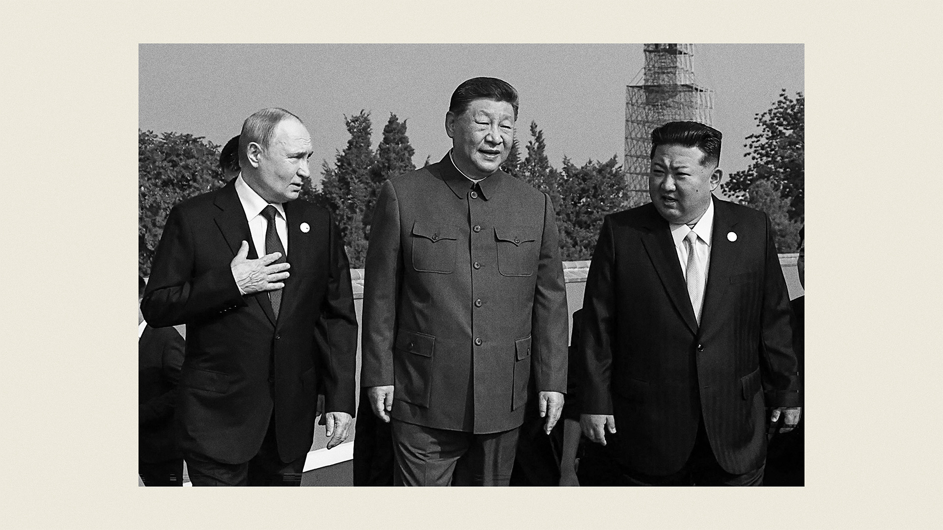 President Vladimir Putin walks with China's President Xi Jinping and North Korea's leader Kim Jong Un. Image: TNW/Getty
