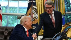 Donald Trump and Peter Mandelson shake hands over a trade deal in the White House in Washington on May 8. Image: Jim Watson/AFP/Getty