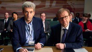 David Tennant as Nick Davies, the Guardian journalist who revealed the hacking scandal, and Toby Jones as Alan Rusbridger, the paper’s editor, in The Hack. Image: ITV Studios