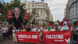 Dozens of people during a rally against the genocide in Gaza and for the killings of journalists. Photo: Jorge Gil/Europa Press via Getty Images