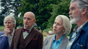 Celia Imrie, Ben Kingsley, Helen Mirren and Pierce Brosnan in The Thursday Murder Club. Photo: Giles-Keyte/Netflix